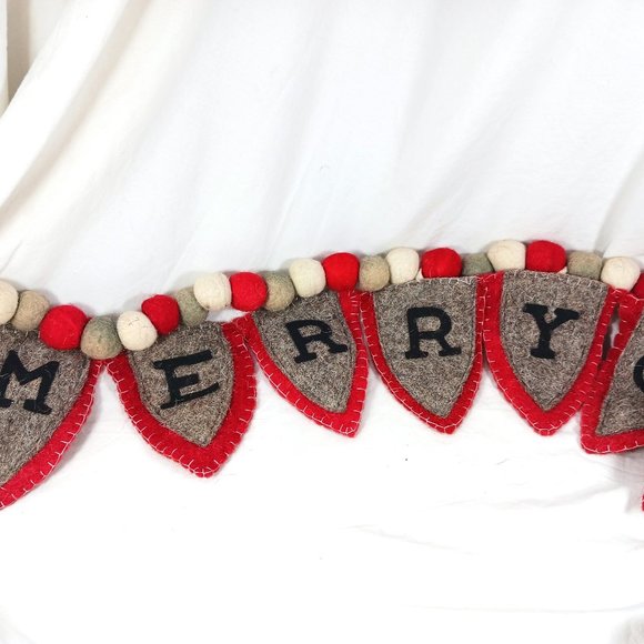Thick Felted Wool Holiday Garland Merry Christmas Red Gray White Black 6' - Picture 1 of 9